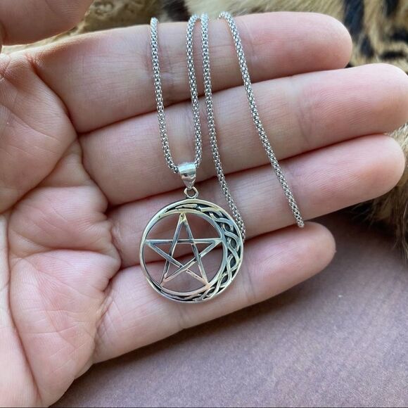 Celtic Crescent Moon And Star Sterling Silver Necklace Popcorn Chain - Picture 4 of 7